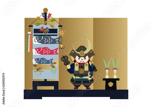鎧武者。端午の節句のイメージ。 日本の季節のイラスト。 五月人形。こどもの日のイラスト素材。