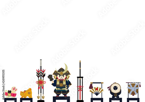 鎧武者。端午の節句のイメージ。 日本の季節のイラスト。 五月人形。こどもの日のイラスト素材。