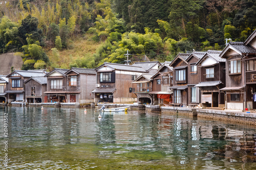 Ine Cho and Funaya house or fisherman houseboat in Ine Bay in Spring season, Kyoto, Japan.