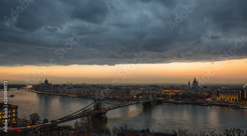 Aerial Budapest city scene at sunset time