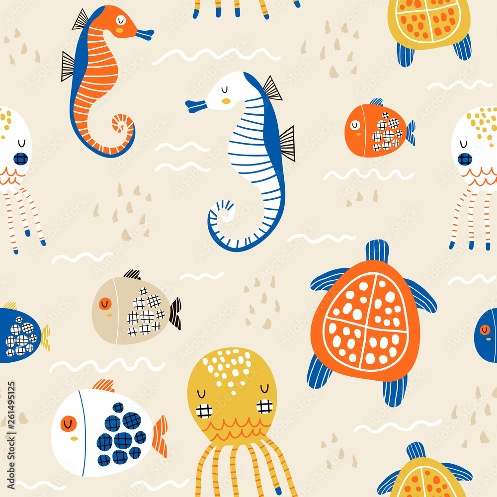 Cheerful sea creatures on fabric