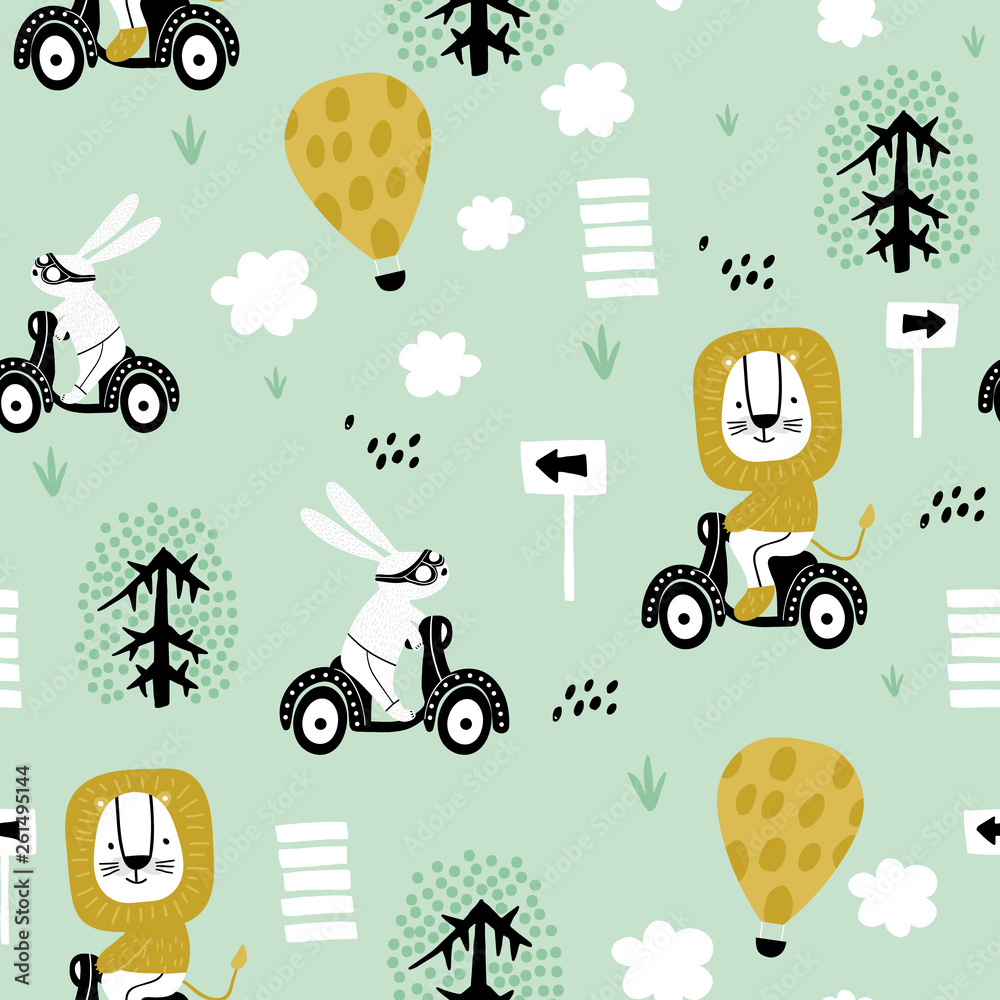 Seamless pattern with bunny and lion riding on scooter. Creative childish texture. Great for fabric, textile Vector Illustration Seamless pattern with bunny and lion riding on scooter. Creative childish texture. Great for fabric, textile Vector Illustration