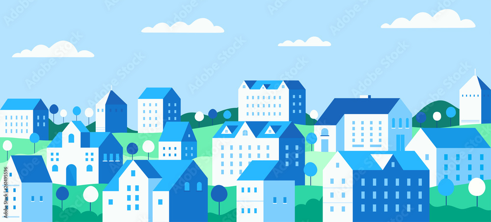 Cityscape with buildings, private houses and trees against the background mountains and hills. Concept suburban life.