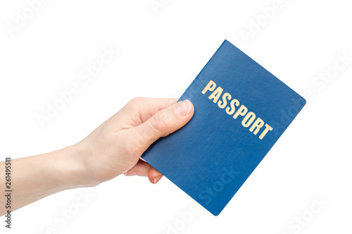 Hand holds passport. Isolated on white.