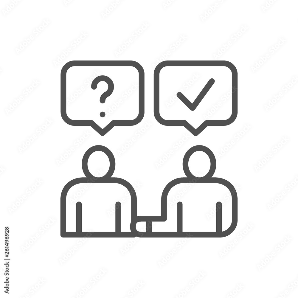 Man answers questions, people with speech bubble, communication line icon. Man answers questions, people with speech bubble, communication line icon.
