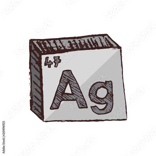 Vector three-dimensional hand drawn chemical gray silver symbol of silver or argentum with an abbreviation Ag from the periodic table of the elements isolated on a white background.