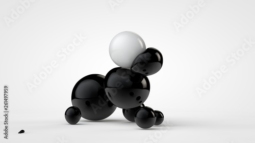 3D illustration of black deformed balls around white ball, isolated image on white background. Unusual figures, abstraction. 3D rendering