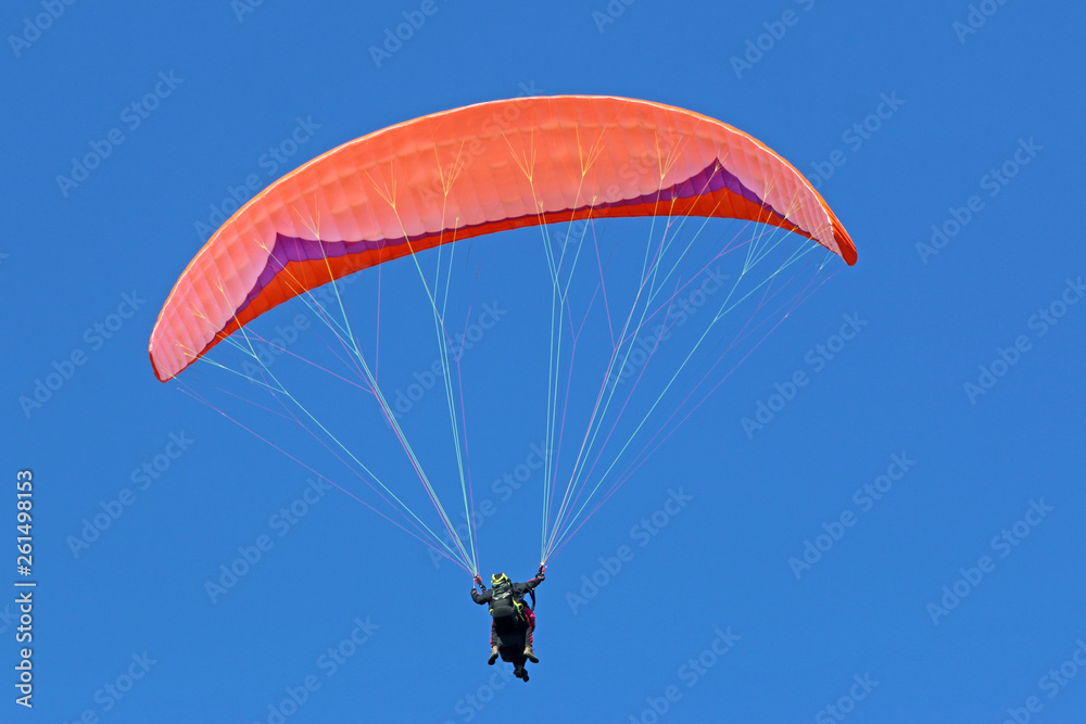 Tandem paraglider flying red wing Tandem paraglider flying red wing