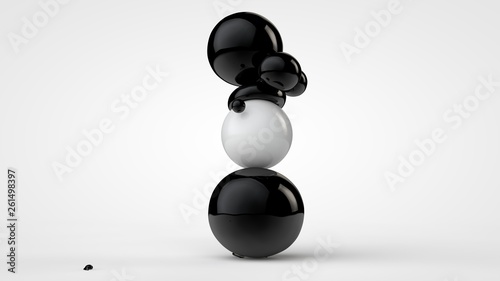 Fototapeta Naklejka Na Ścianę i Meble -  3D illustration of black deformed balls around white ball, isolated image on white background. Unusual figures, abstraction. 3D rendering