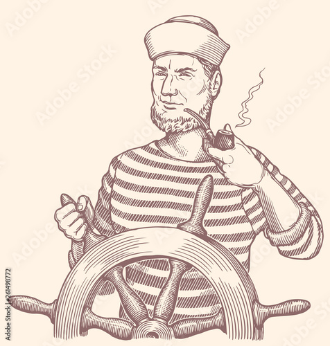 Sailor at the helm. Hand drawn engraving. Editable vector vintage illustration. Isolated on light background. 8 EPS