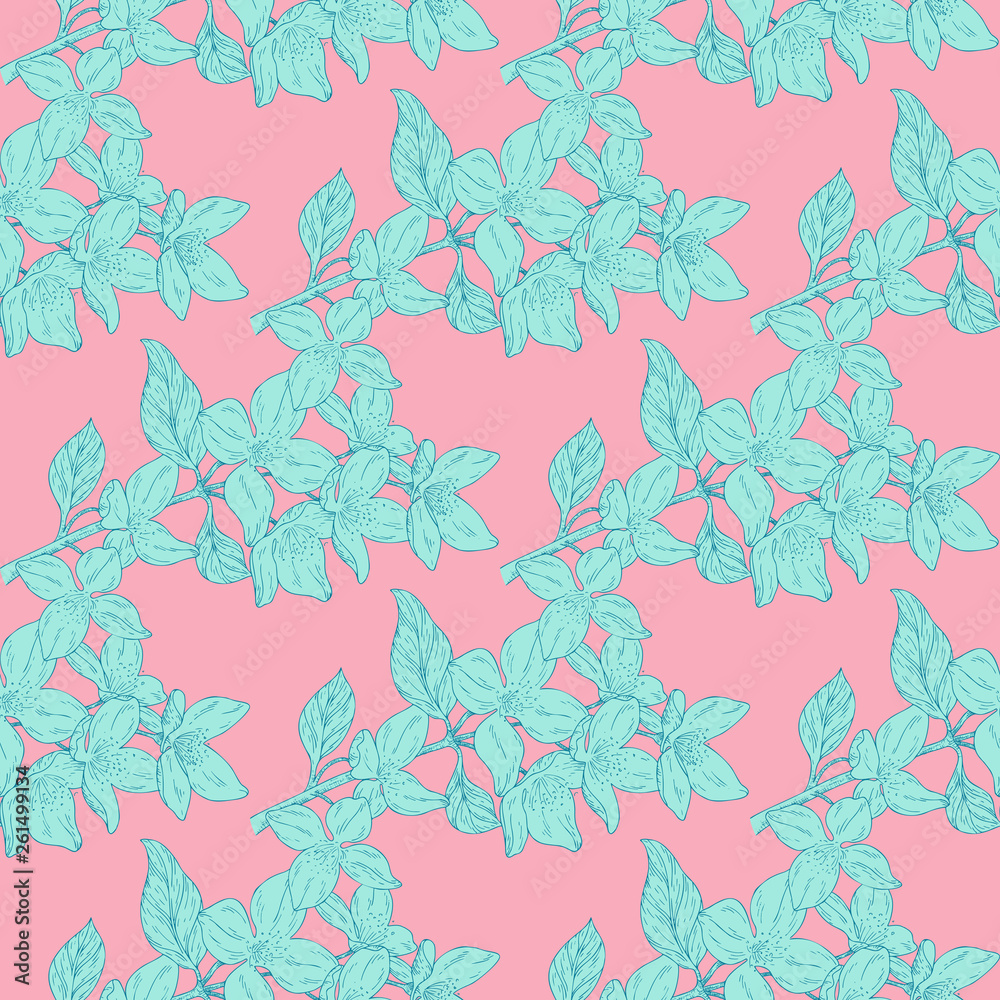Seamless color textile pattern. Plant in blossom, branch with flower ink sketch Seamless color textile pattern. Plant in blossom, branch with flower ink sketch