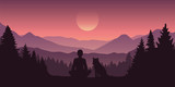 man and his dog beautiful red mountain forest landscape vector illustration EPS10