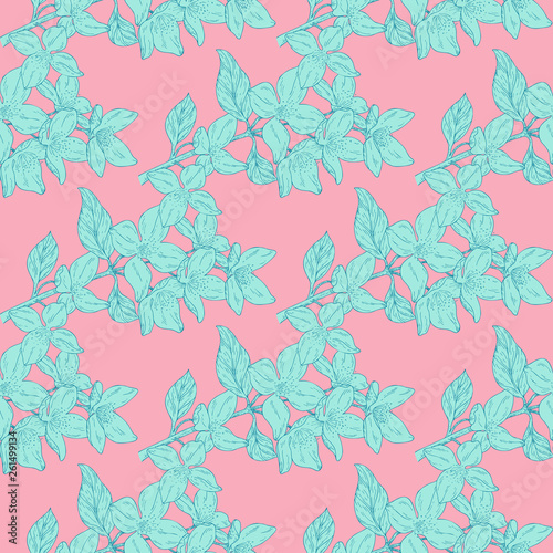 Seamless color textile pattern. Plant in blossom, branch with flower ink sketch