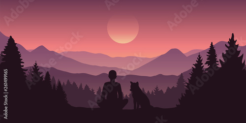 man and his dog beautiful red mountain forest landscape vector illustration EPS10 © krissikunterbunt