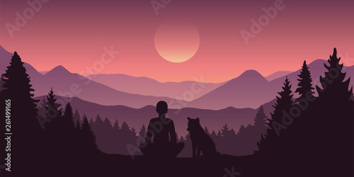 man and his dog beautiful red mountain forest landscape vector illustration EPS10