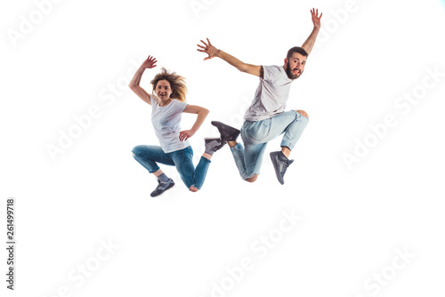 Woman and man jumping