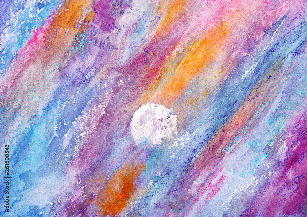 Bright night. Moon in clouds. Watercolor landscape