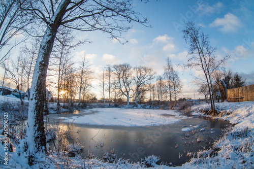 winter landscape dawn village © YERMAKAVETS