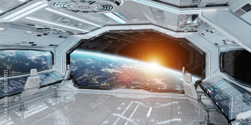 Fototapeta Naklejka Na Ścianę i Meble -  White clean spaceship interior with view on planet Earth 3D rendering