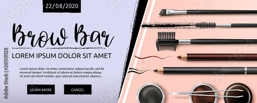 Lash and Brow Bar. Accessories. Make up. Tools for care of the brows. Eyebrows pencil. Angle brush, tweezers and comb. Banner for professional makeup artist. Beauty shop. Vector