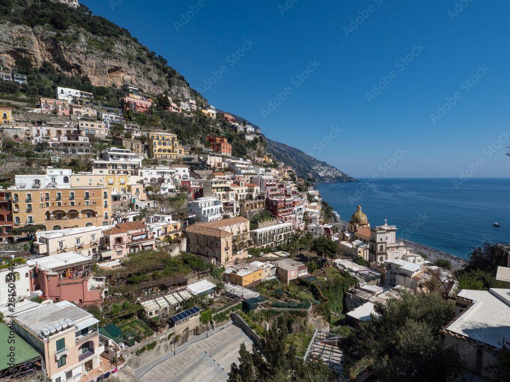 Positano Village. Beautiful morning scenery. Summer vacation in Italy. Beautiful Campania.A sunny day in Positano. The best beaches of Italy. April, 2019
