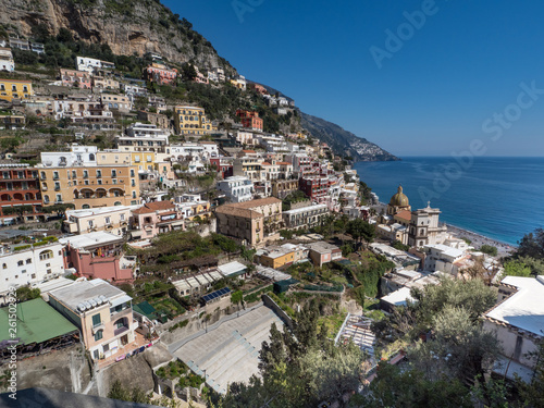 Positano Village. Beautiful morning scenery. Summer vacation in Italy. Beautiful Campania.A sunny day in Positano. The best beaches of Italy. April, 2019 © ikmerc