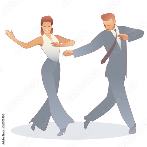 Young couple dressed in retro clothes, dancing tap, swing or Broadway style, isolated on white background