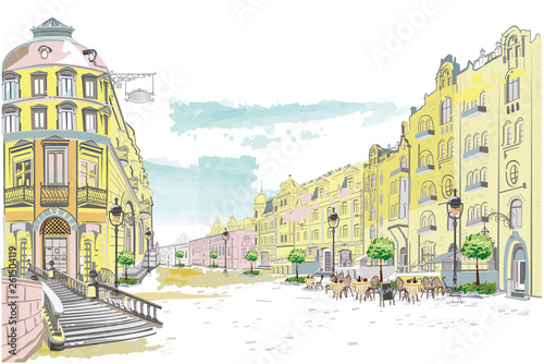 Series of backgrounds decorated with flowers, old town views and street cafes.    Hand drawn vector architectural background with historic buildings. 