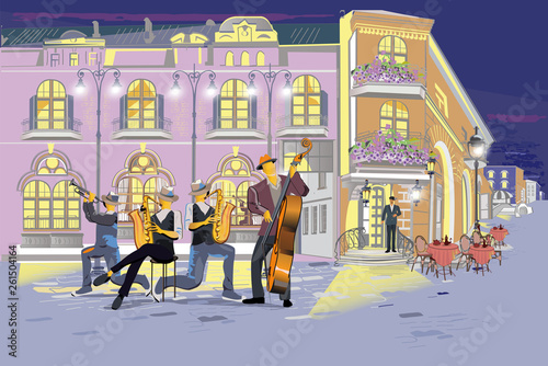 Series of colorful retro street views with fashion people in the old city. Hand drawn vector architectural background with historic buildings. Street musicians.