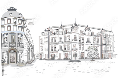 Series of backgrounds decorated with flowers, old town views and street cafes.    Hand drawn vector architectural background with historic buildings. 