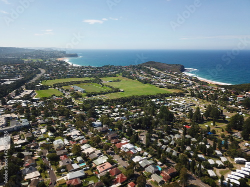 Aerial view of Turimetta beach and Mona Vale beach. Coast of Tasman sea in Sydney.