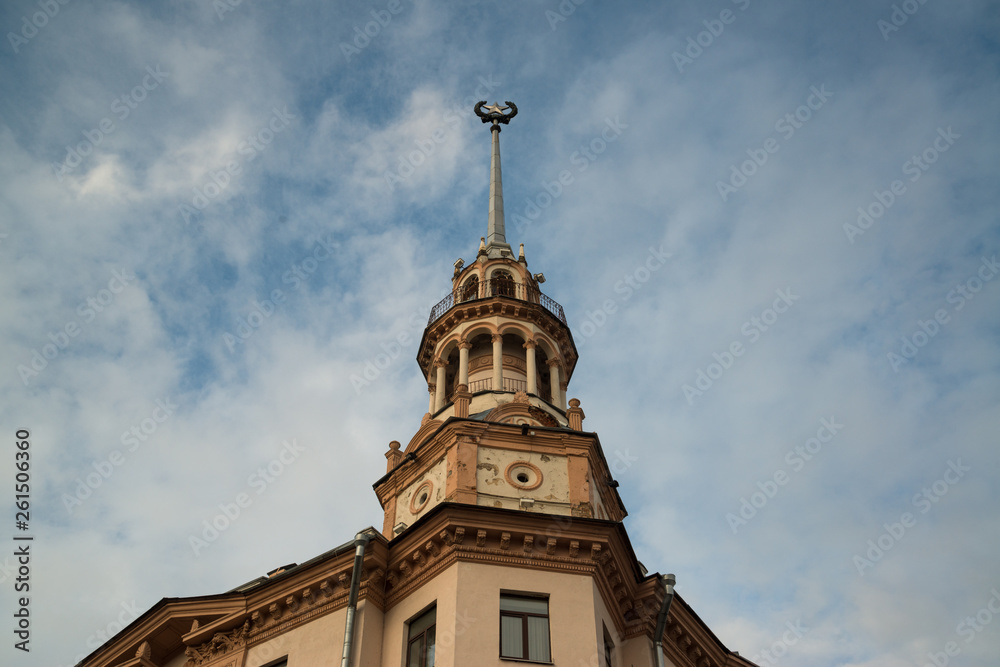 Old historical beautiful building with tower on Kamunistycnaja street in Minsk, Belarus