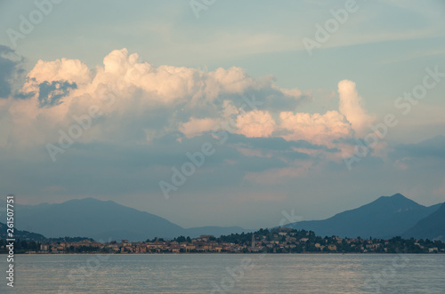 View to Lake Maggiore and Verbania village in sunset. Northern Italy