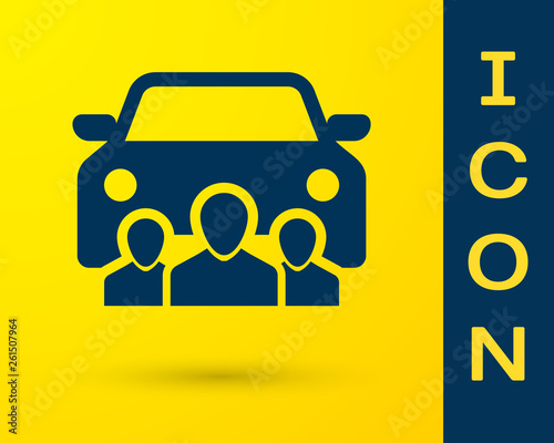 Blue Car sharing with group of people icon isolated on yellow background. Carsharing sign. Transport renting service concept. Vector Illustration