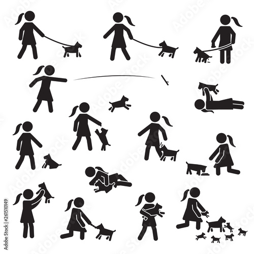 Girls with small bread dogs icon set. Vector.