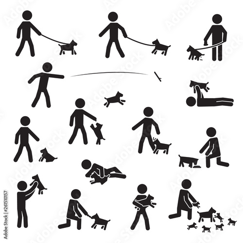 Men with small bread dogs icon set. Vector.