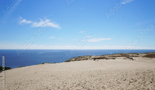 Fototapeta Naklejka Na Ścianę i Meble -  Sandy beach and dunes near the sea and bright blue sky. Sunny summer day.