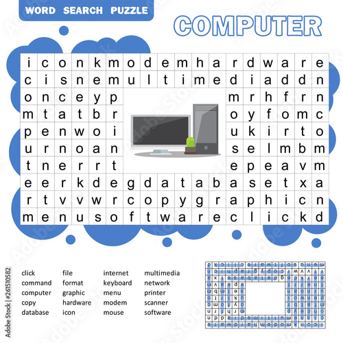 Educational game for kids. Word search puzzle with computer items. Kids activity sheetWord search puzzle for kids. Answer included.