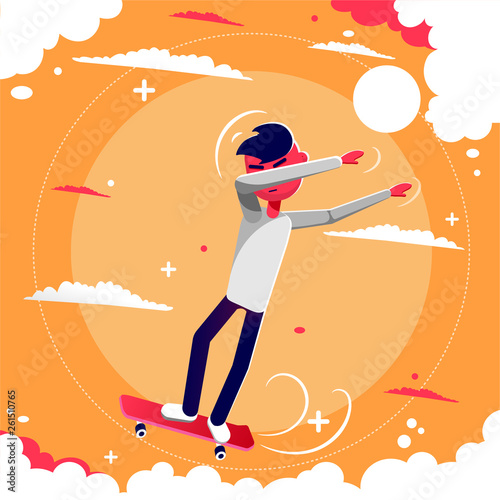 Trendy guy Celebration pose Dab. Dab dance pose. Hipsters riding a skateboard on the background of the sky, the clouds and the sun. Active lifestyle concept. Flat style. Vector illustration. 