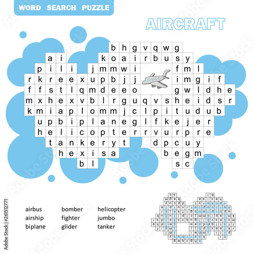 Air transport crossword game. Search words game with answer for children. Vector flat illustration