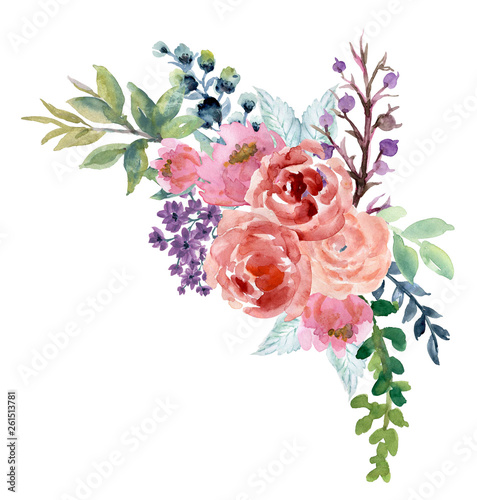 Obraz na plátně Watercolor vintage floral rose sunflower peony Gerbera and abstact flower or lea