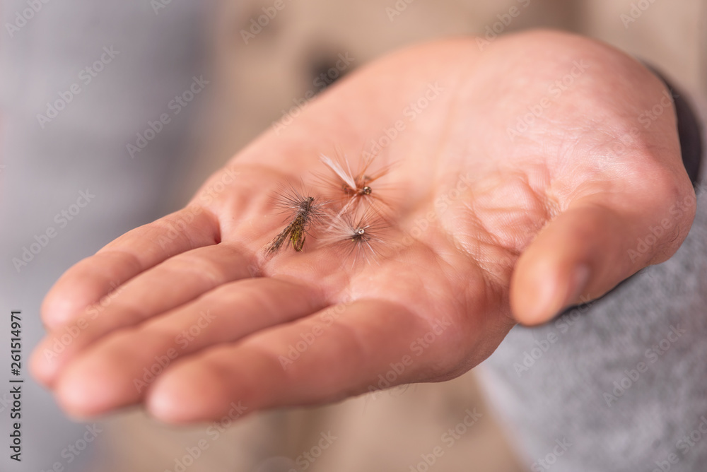 Obraz premium Fisherman showing fishing fly hook in hand palm .