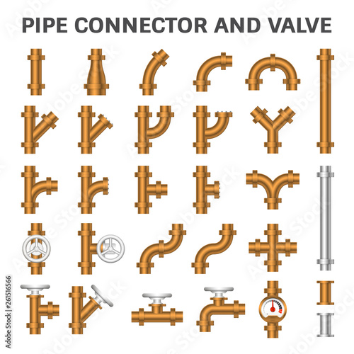 Pipe icon and flange fitting. Include control valve and pressure gauge. For pipeline construction and transportation liquid or gas i.e. oil, natural gas. Also for sewage, plumbing and irrigation.