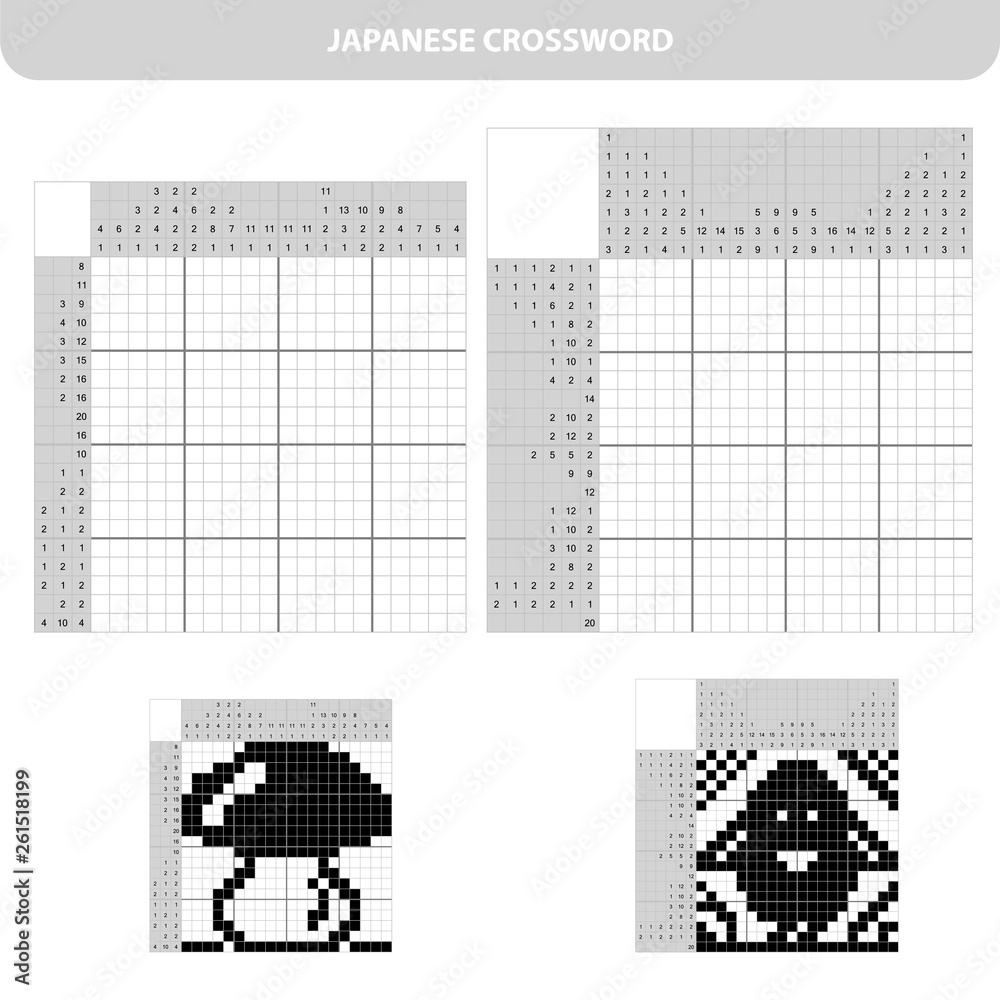 Education Puzzle Game For School Children Mushroom And Bird Black And White Japanese Crossword 