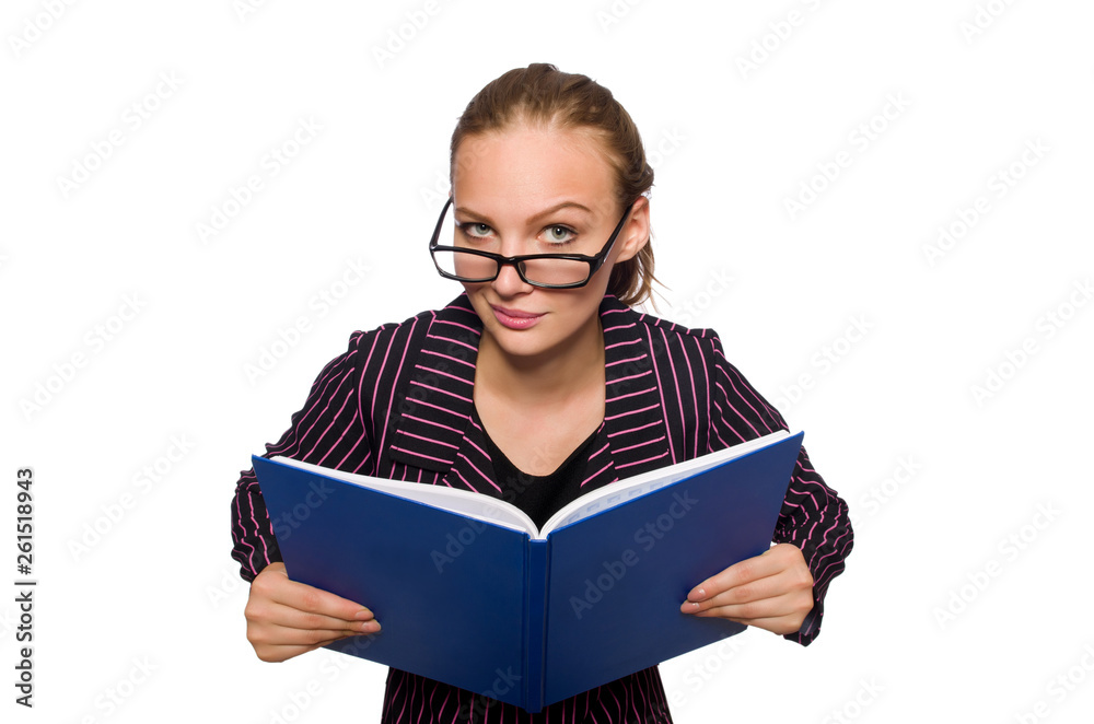Young woman in purple costume with notes Young woman in purple costume with notes