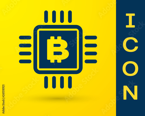 Blue CPU mining farm icon isolated on yellow background. Bitcoin sign inside microchip. Cryptocurrency mining community. Digital money. Vector Illustration