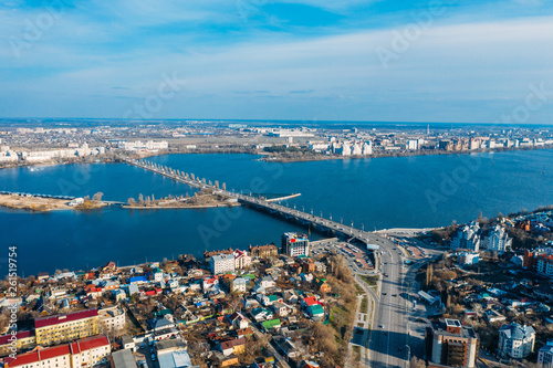 Aerial panorama of Chernavsky bridge and Voronezh river in Voronezh city in sunny spring day photo
