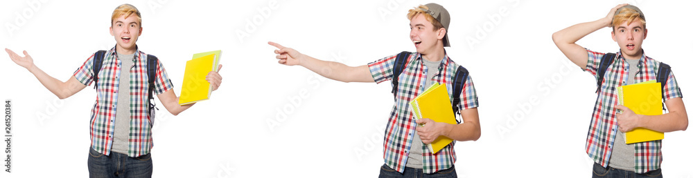 Student with backpack and notes isolated on white Student with backpack and notes isolated on white