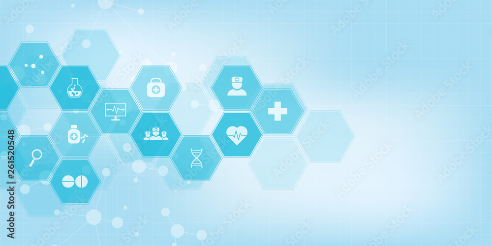 Naklejka premium Abstract medical background with flat icons and symbols. Concepts and ideas for healthcare technology, innovation medicine, health, science and research.
