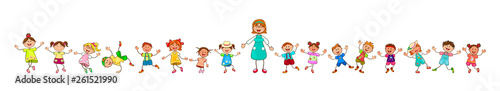 Teacher and happy kids.Joyful little kids and a teacher. A group of children with a teacher on a walk. Group of cheerful, smiling children on a white background 